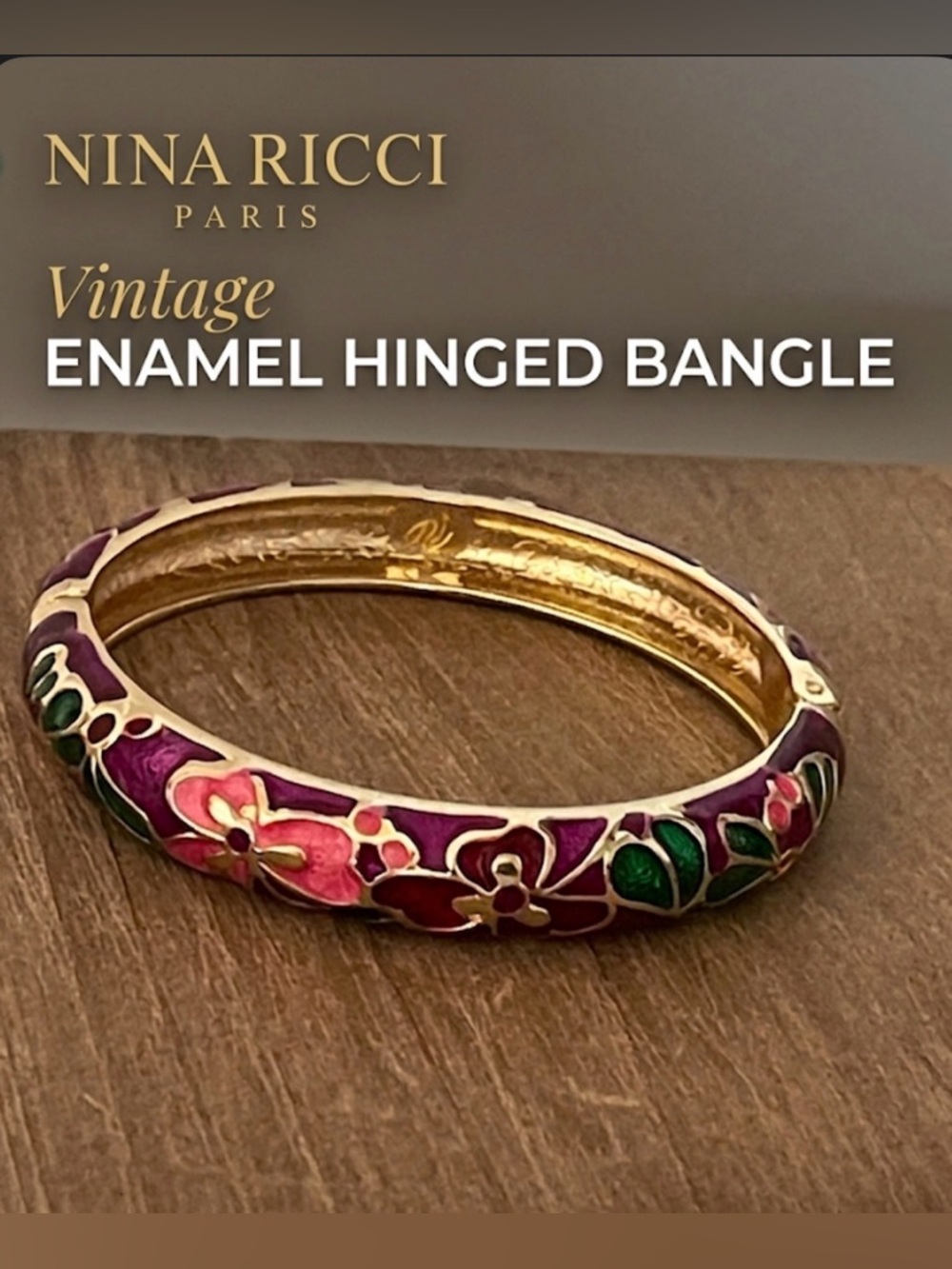 Vintage NINA RICCI Signed Enamel Floral Bangle Gold